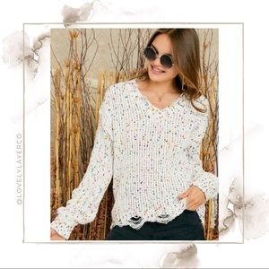 Confetti Cake Distressed Ivory V-Neck Cozy Sweater